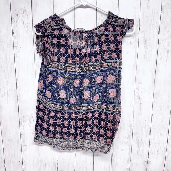 Velvet Shirt Women Size Small Multi Ruffle Scoop Neck Short Sleeve Blouse Boho - Picture 6 of 6